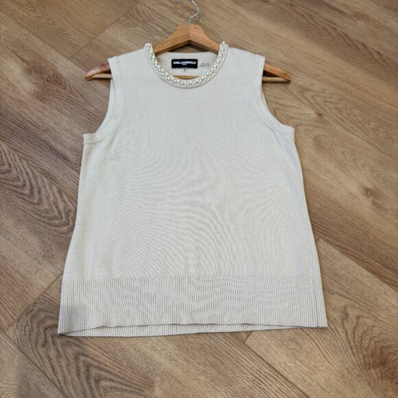 Karl Lagerfeld Cream Pearl Embellished Sleeveless Knit Tank Top – Size Small - Picture 5 of 10